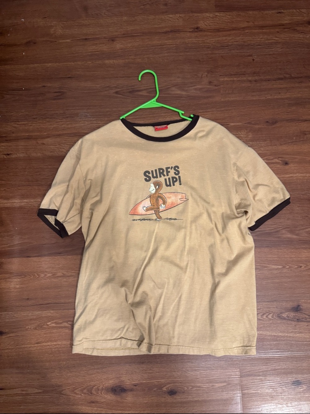 Surf's Up Graphic Ringer Tee - Beige with Brown Trim